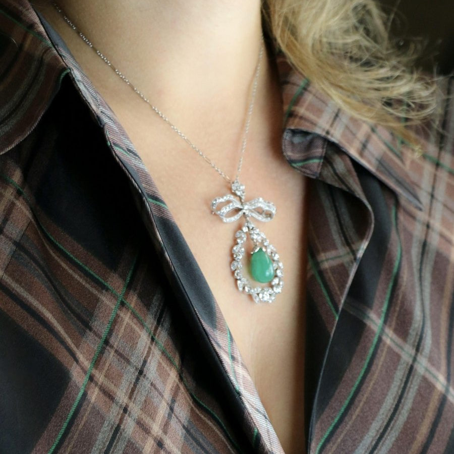 Collier noeud Belle Epoque émeraude diamants - Castafiore