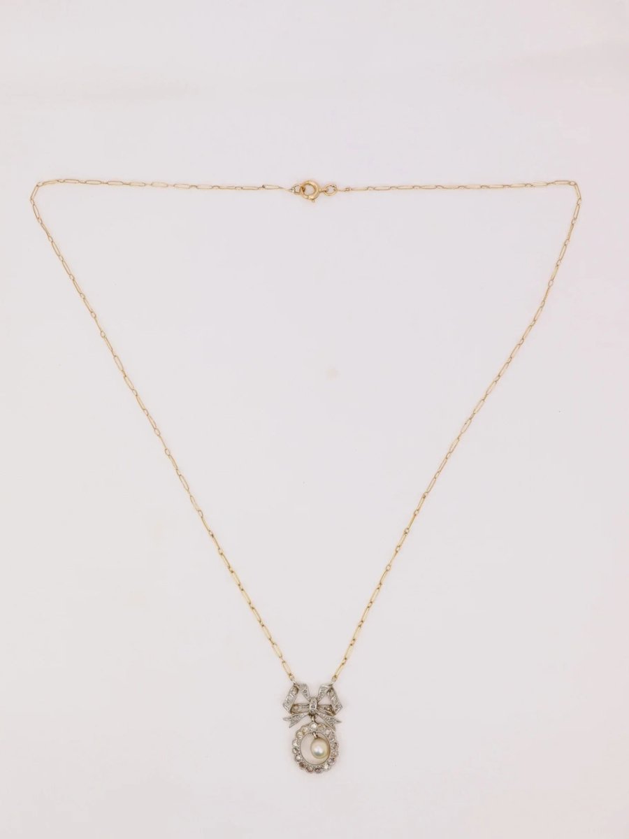 Collier noeud Belle Epoque or diamants perle fine - Castafiore