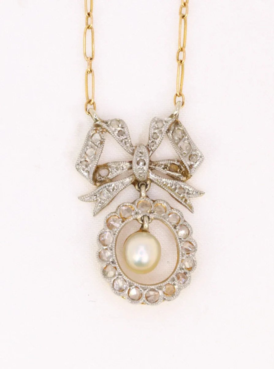 Collier noeud Belle Epoque or diamants perle fine - Castafiore