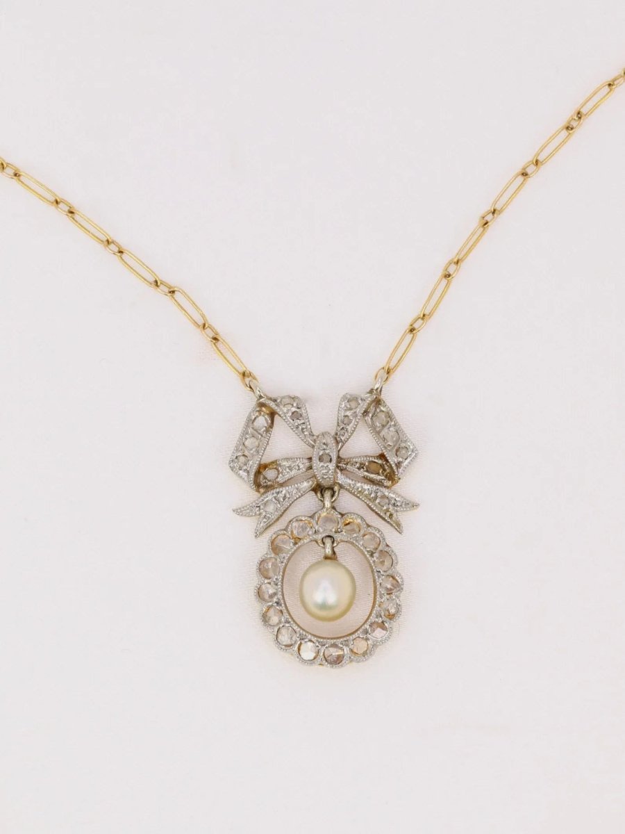Collier noeud Belle Epoque or diamants perle fine - Castafiore