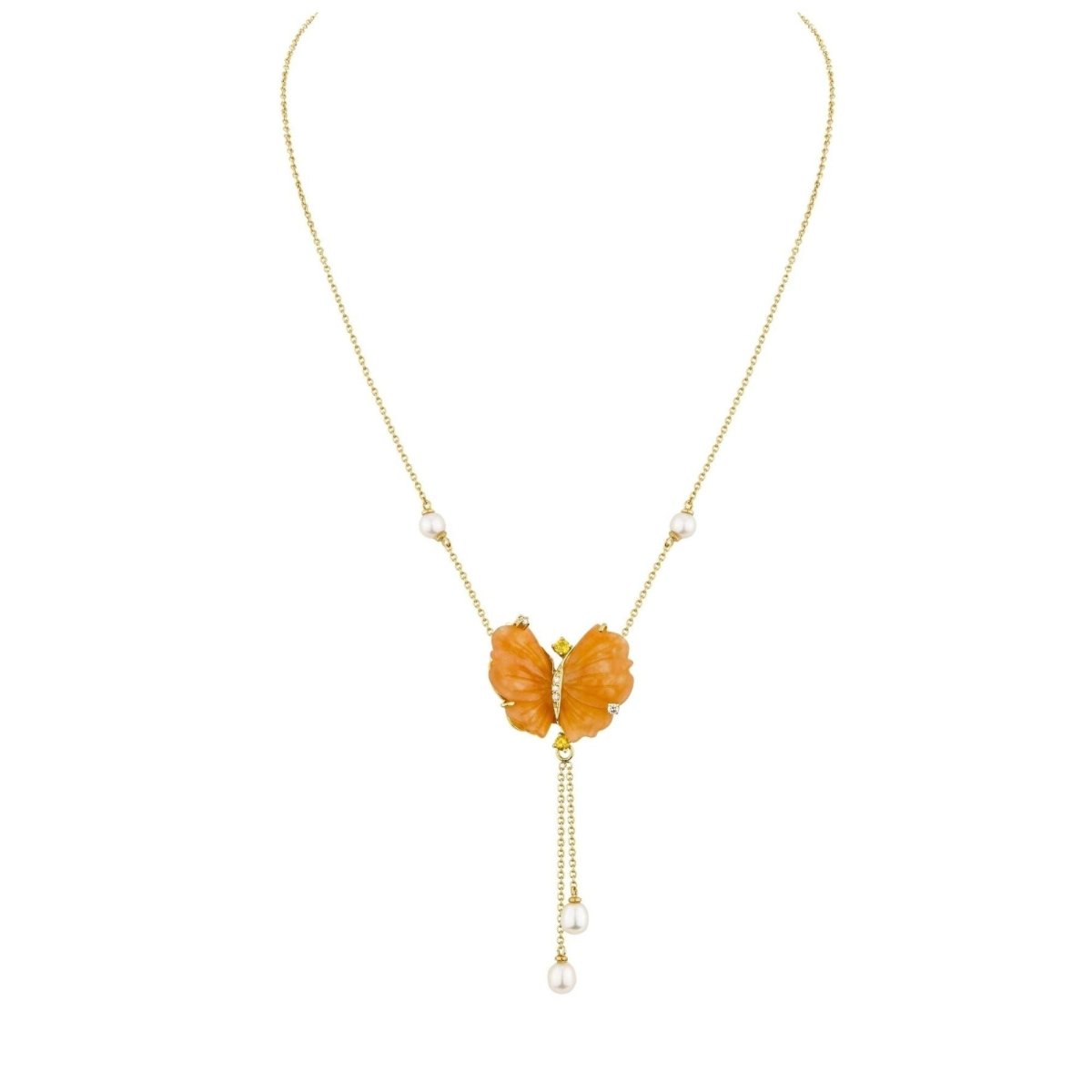 Collier Papillon en or jaune, quartzites pêche tourmalines et diamants - Castafiore