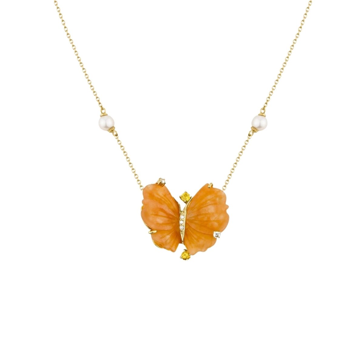 Collier Papillon en or jaune, quartzites, perles, tourmalines et diamants - Castafiore