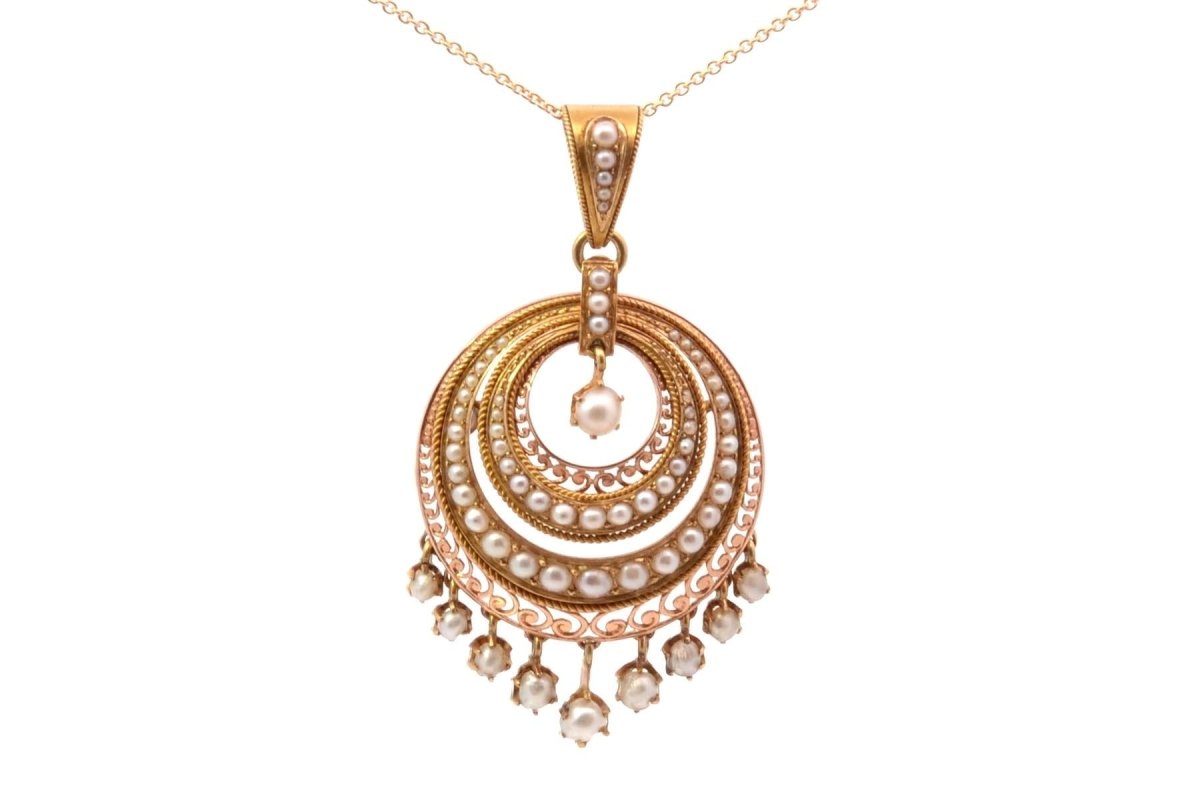 Collier pendentif 19e siècle perles fines en or jaune 18k - Castafiore