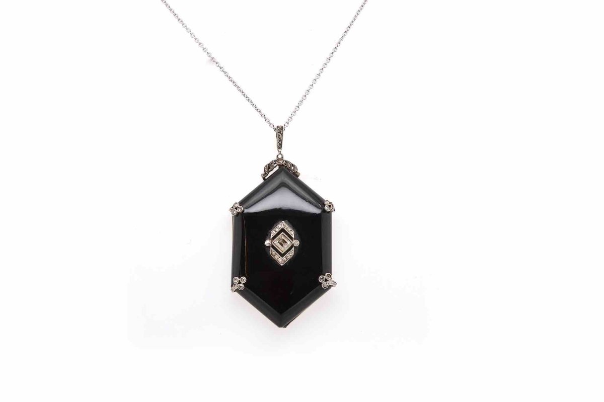 Collier pendentif ancien 1920 onyx et diamants - Castafiore