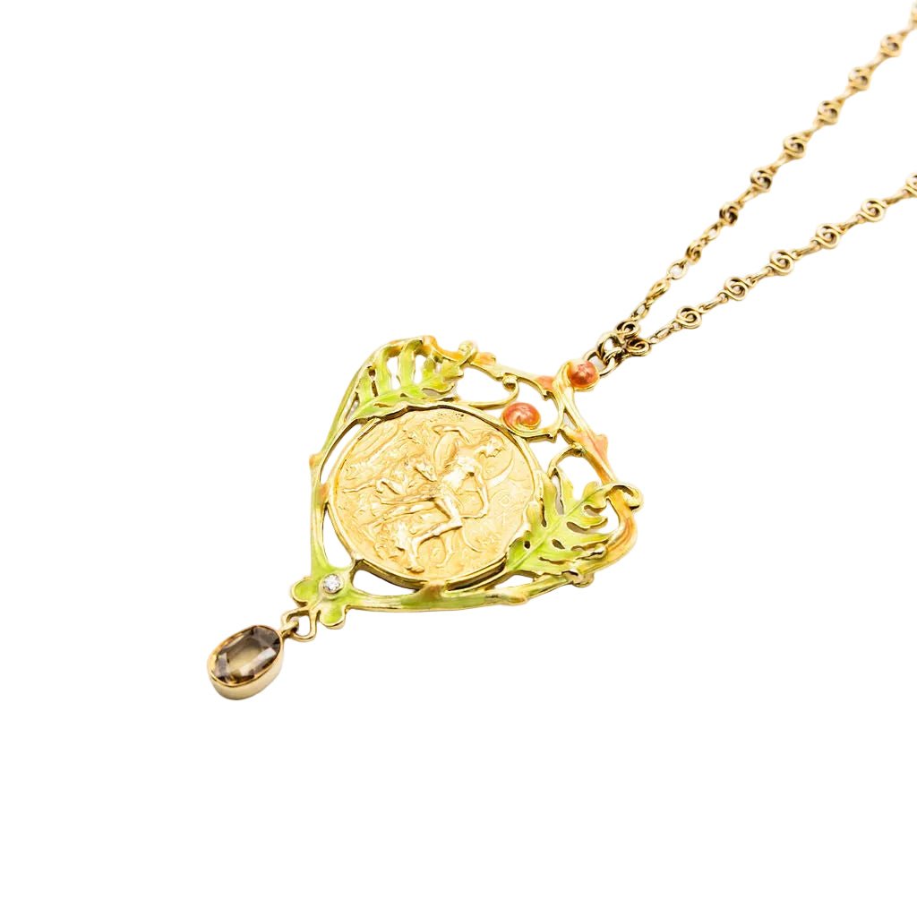 Collier Pendentif Art Nouveau HENRI VEVER en or jaune, émail et béryl - Castafiore
