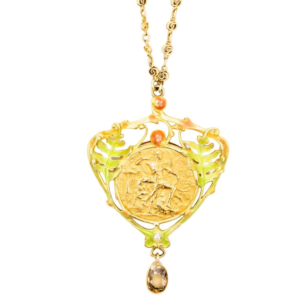 Collier Pendentif Art Nouveau HENRI VEVER en or jaune, émail et béryl - Castafiore