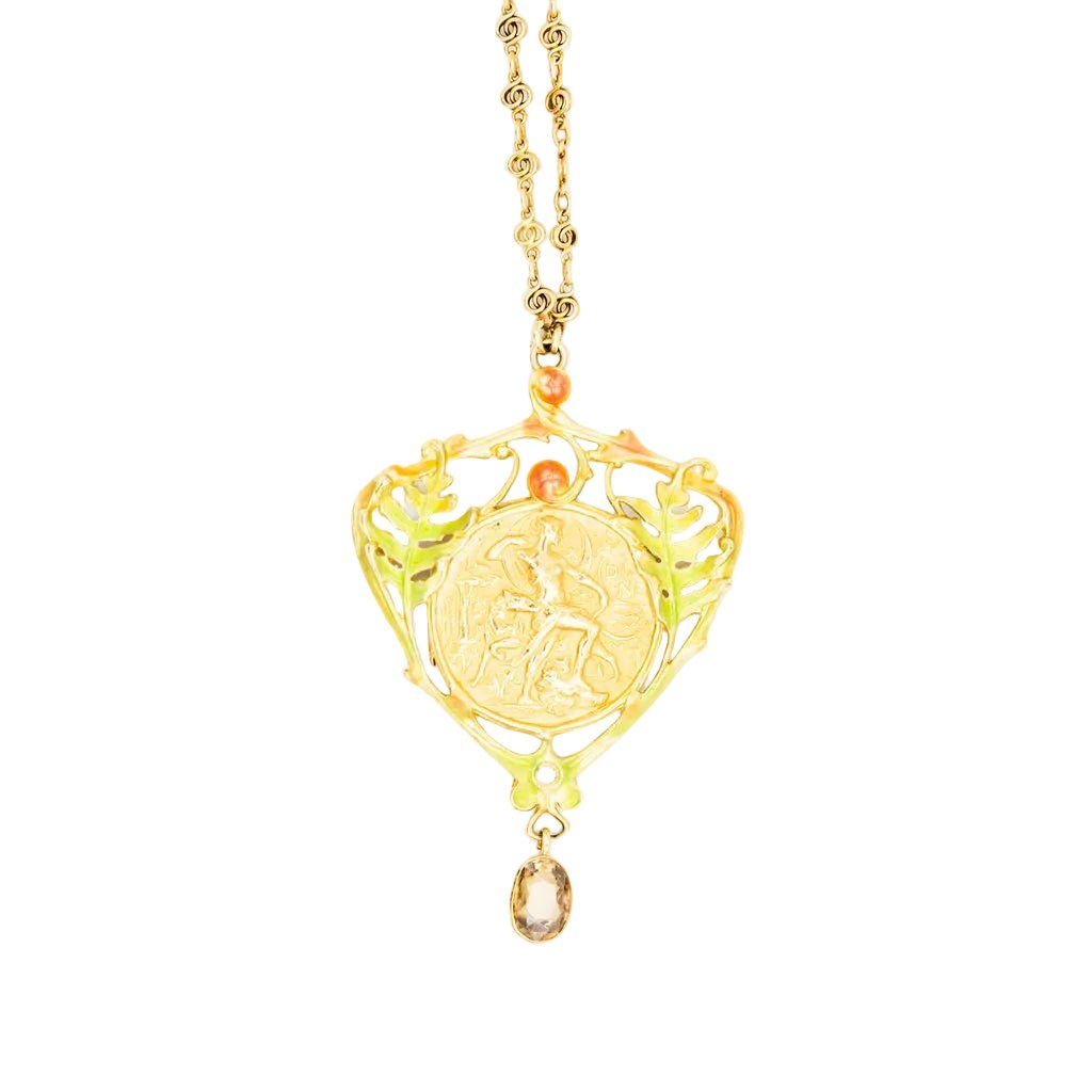 Collier Pendentif Art Nouveau HENRI VEVER en or jaune, émail et béryl - Castafiore
