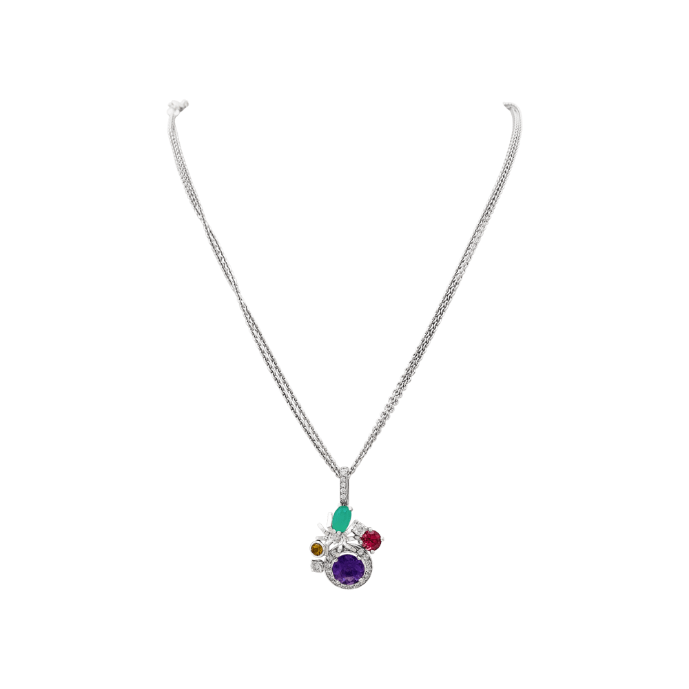 Collier Pendentif CHAUMET "Attrape - moi... si tu m'aimes" en or blanc, améthyste, chrysoprase, tourmaline et diamants - Castafiore