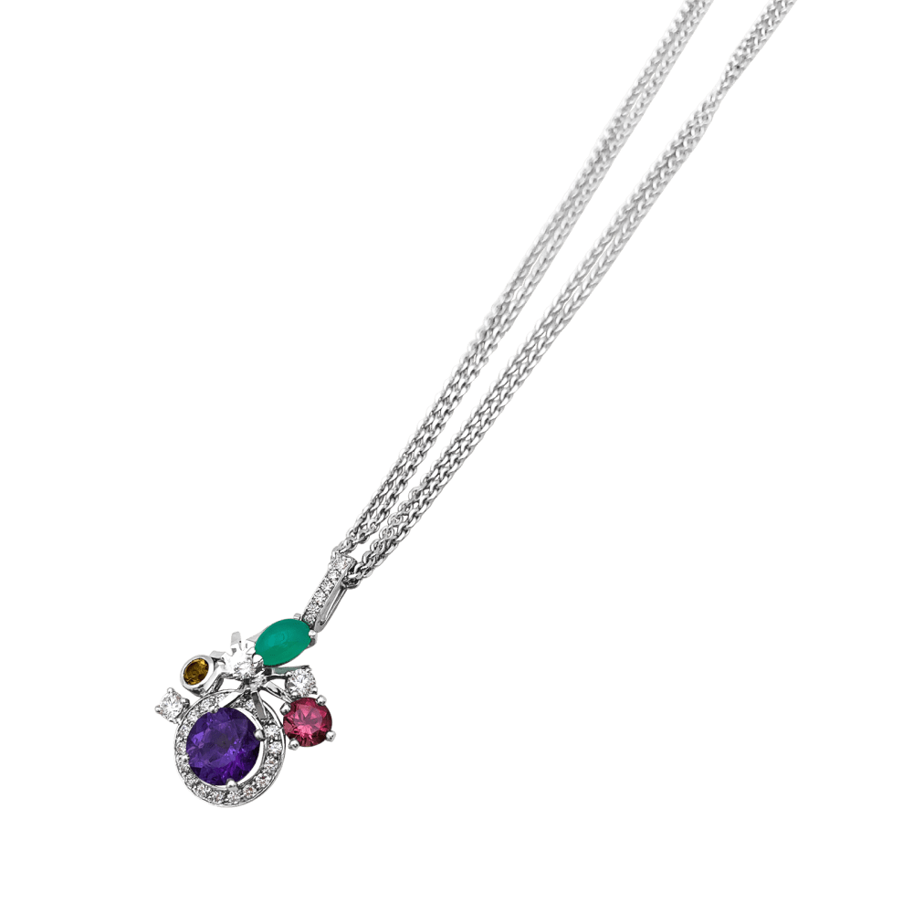 Collier Pendentif CHAUMET "Attrape - moi... si tu m'aimes" en or blanc, améthyste, chrysoprase, tourmaline et diamants - Castafiore