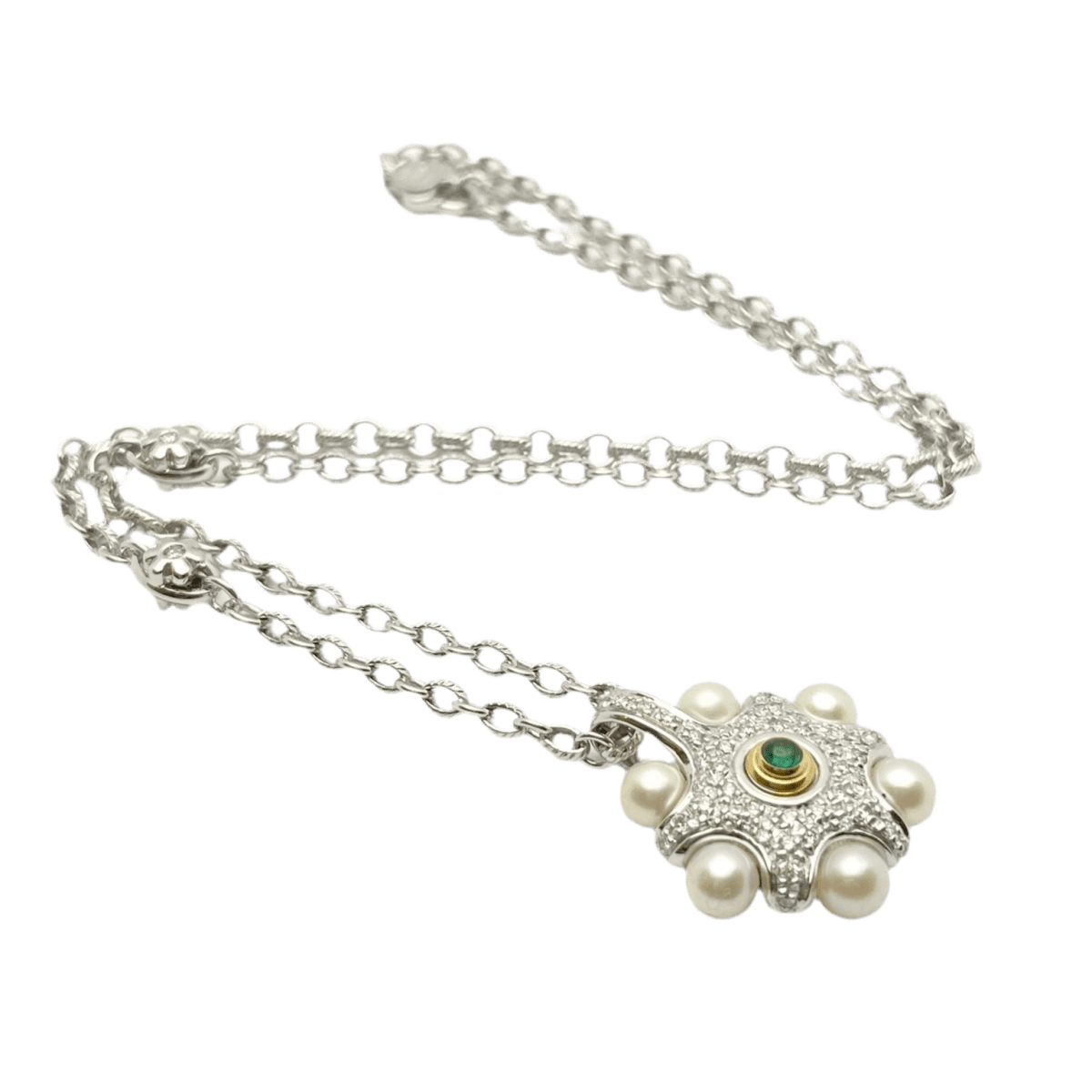 Collier Pendentif en or blanc, or jaune, émeraude, perles et diamants - Castafiore