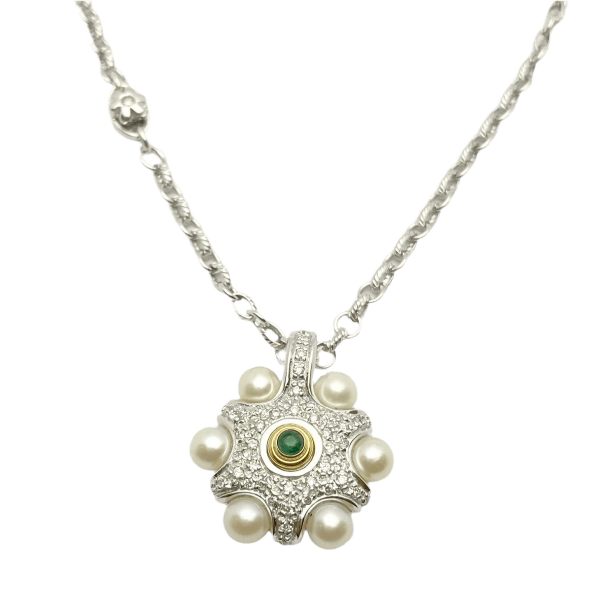 Collier Pendentif en or blanc, or jaune, émeraude, perles et diamants - Castafiore