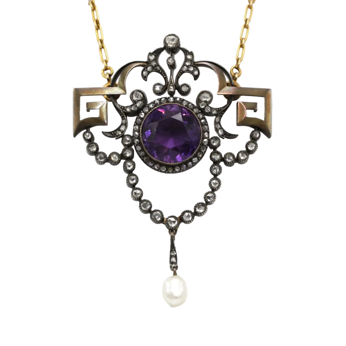 Collier Pendentif en or jaune, argent, améthyste, perle et diamants - Castafiore