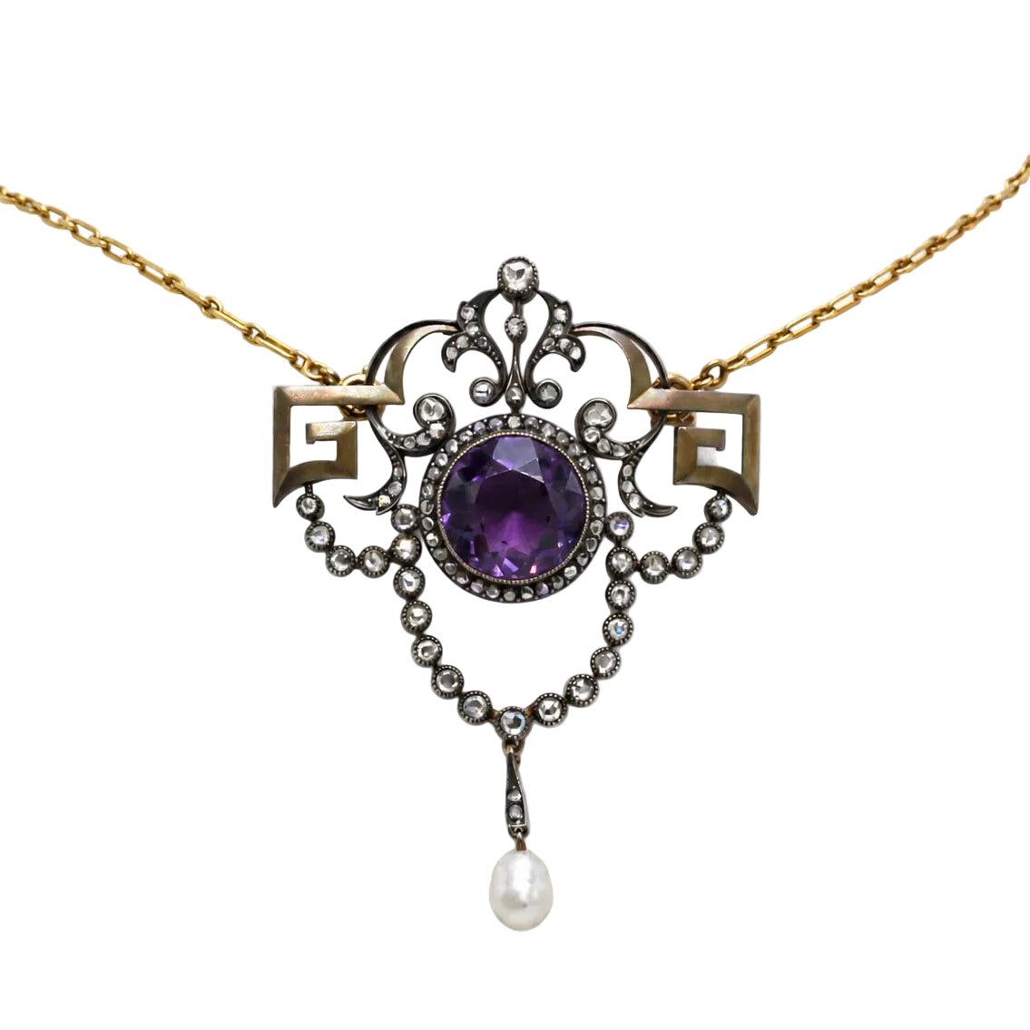 Collier Pendentif en or jaune, argent, améthyste, perle et diamants - Castafiore