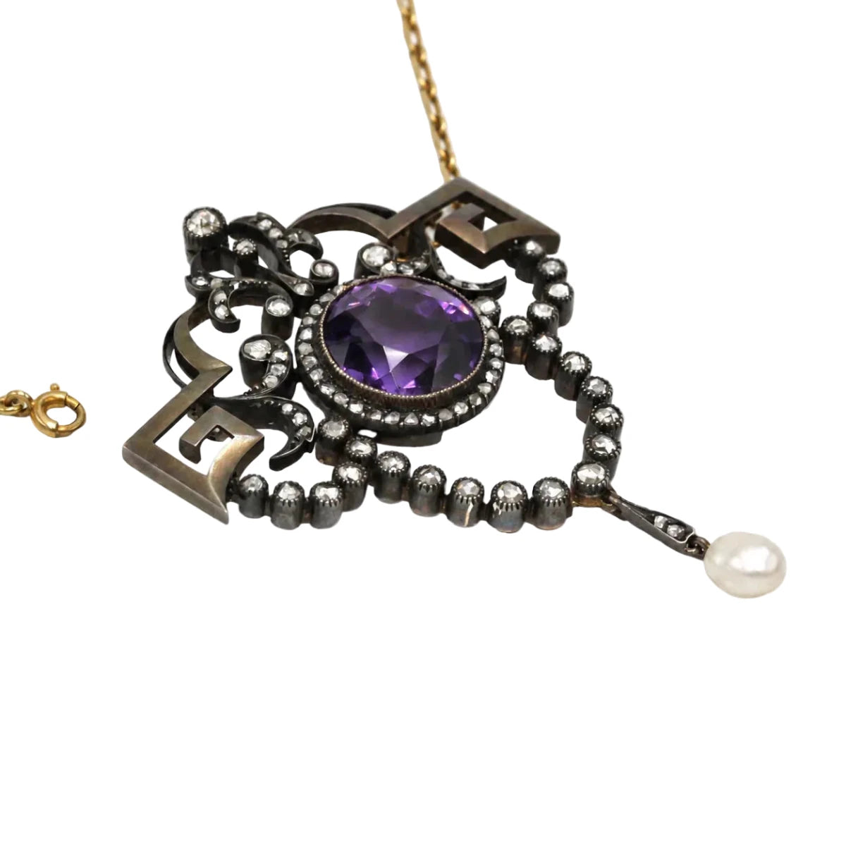 Collier Pendentif en or jaune, argent, améthyste, perle et diamants - Castafiore