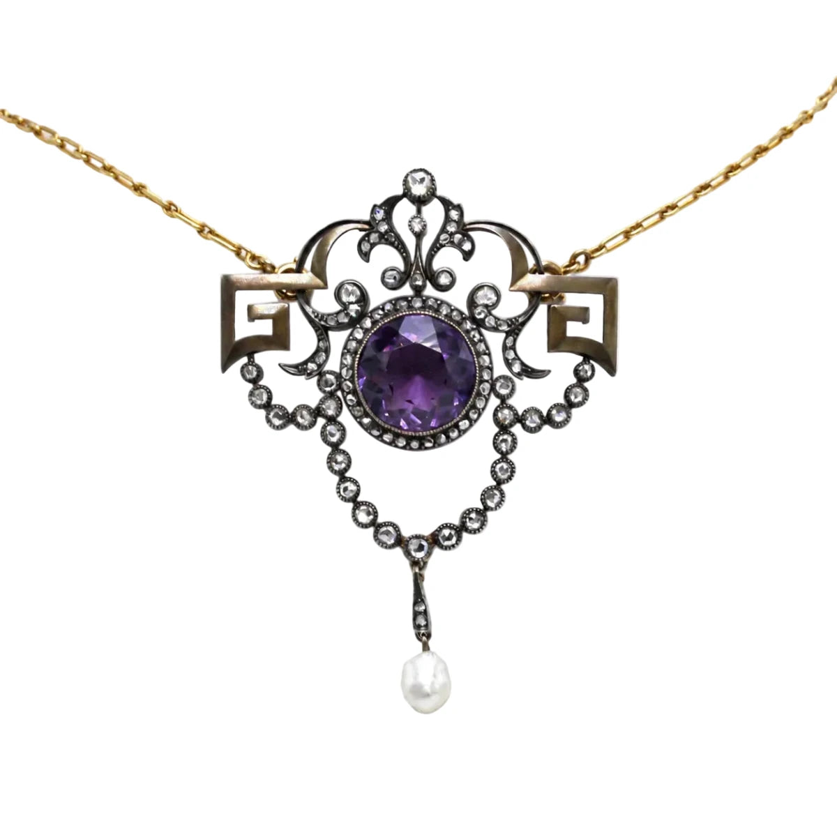 Collier Pendentif en or jaune, argent, améthyste, perle et diamants - Castafiore