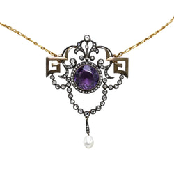 Collier Pendentif en or jaune, argent, améthyste, perle et diamants - Castafiore