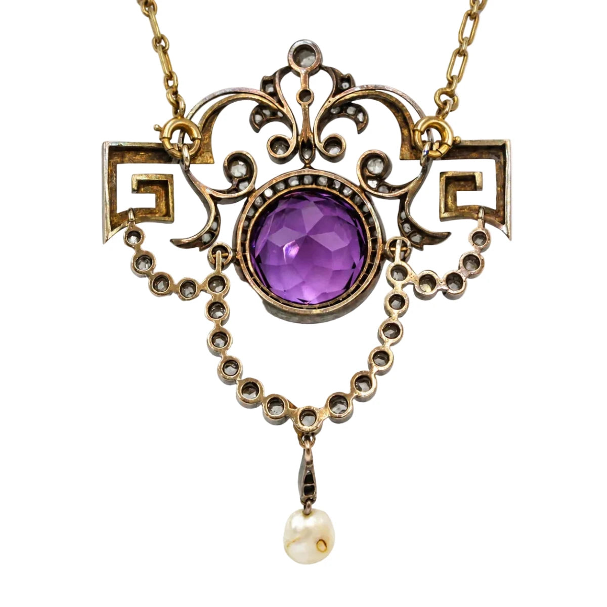 Collier Pendentif en or jaune, argent, améthyste, perle et diamants - Castafiore
