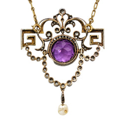 Collier Pendentif en or jaune, argent, améthyste, perle et diamants - Castafiore
