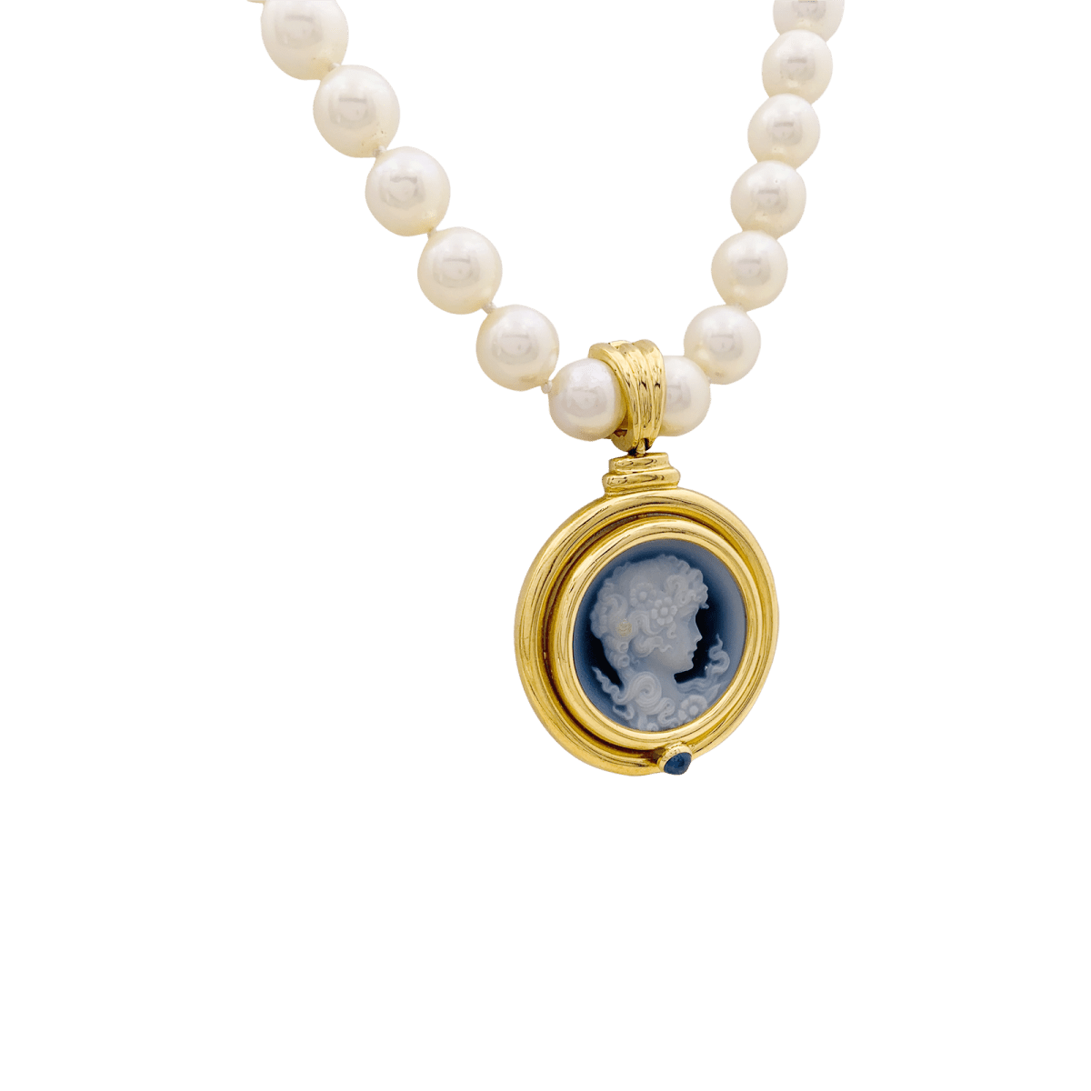 Collier Pendentif en or jaune, camée, onyx, perles et saphir - Castafiore