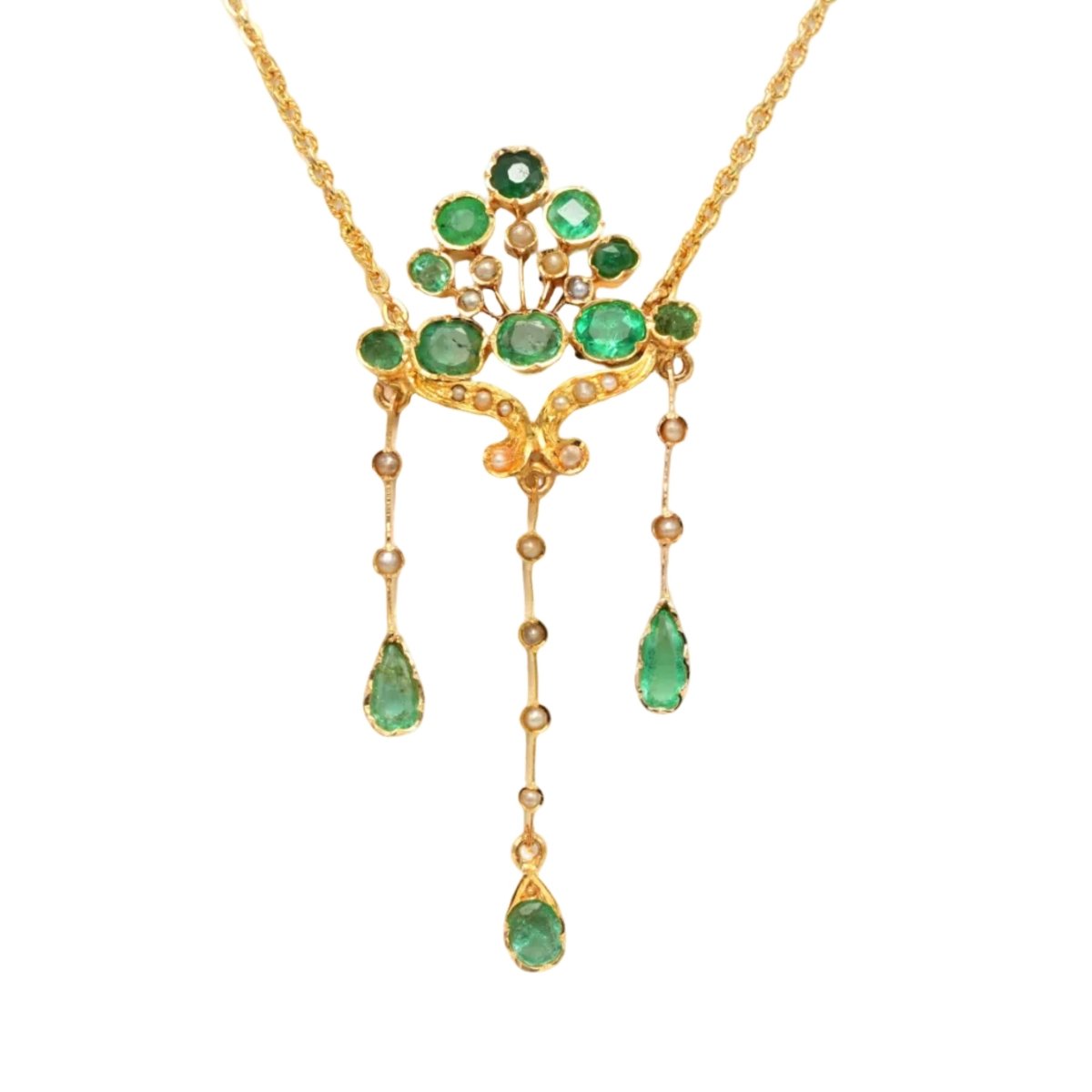 Collier Pendentif en or jaune, émeraudes et perles - Castafiore