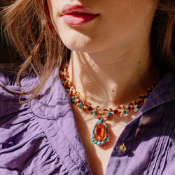 Collier Pendentif en or jaune, péridots, turquoises et topazes - Castafiore