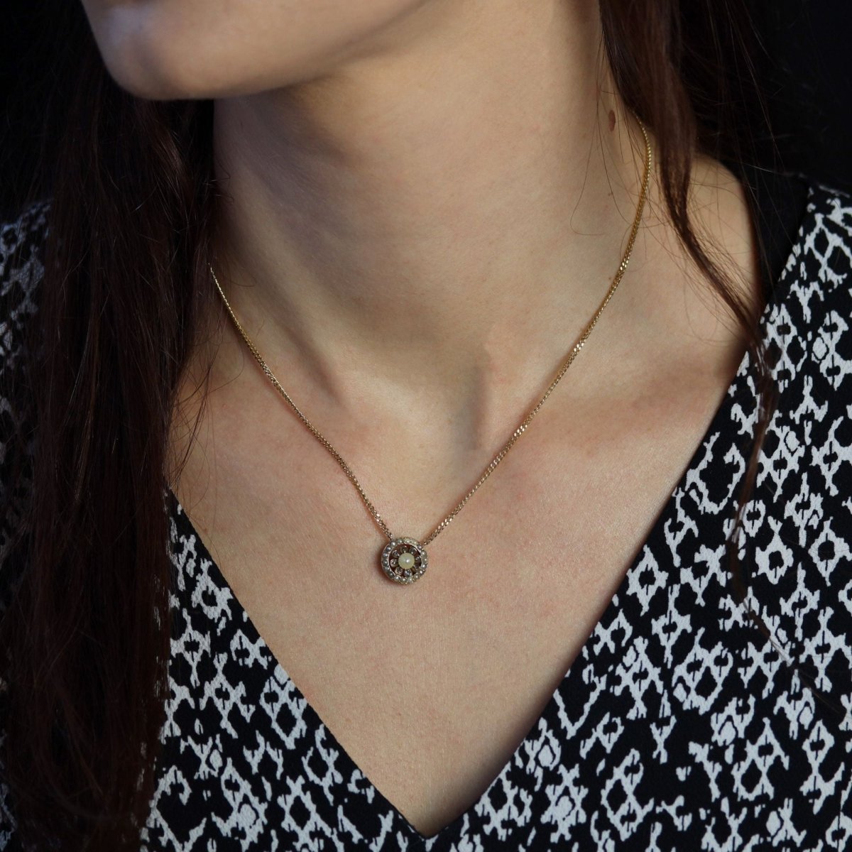 Collier Pendentif en or jaune, perles et diamants - Castafiore