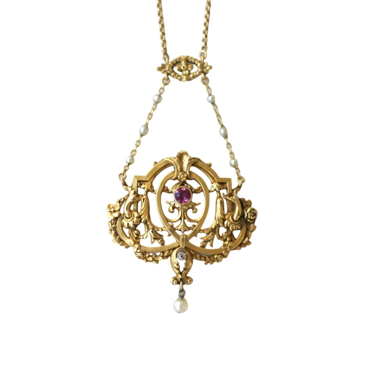 Collier Pendentif en or jaune, rubis, perles et diamants - Castafiore