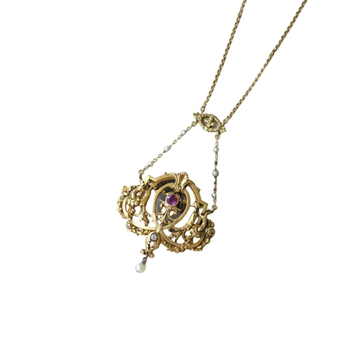 Collier Pendentif en or jaune, rubis, perles et diamants - Castafiore