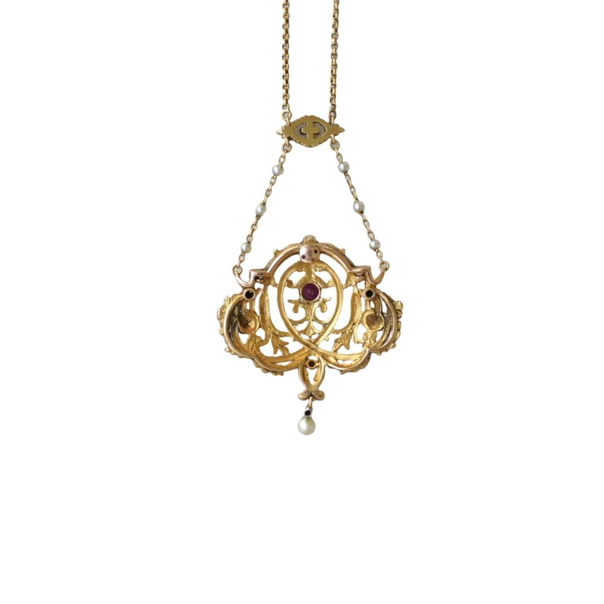 Collier Pendentif en or jaune, rubis, perles et diamants - Castafiore