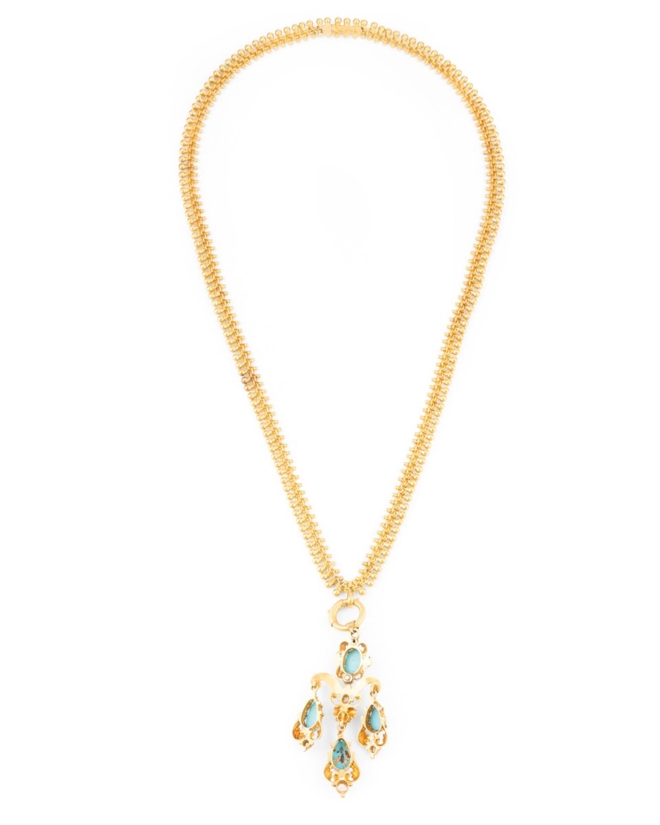 Collier Pendentif en or jaune, turquoise, et diamants - Castafiore