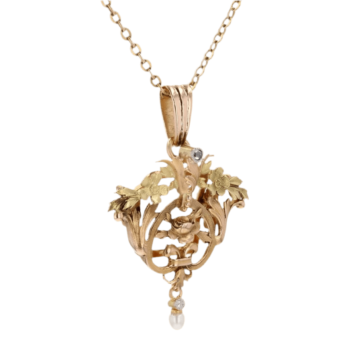 Collier Pendentif en or rose, or vert, perle et diamant - Castafiore