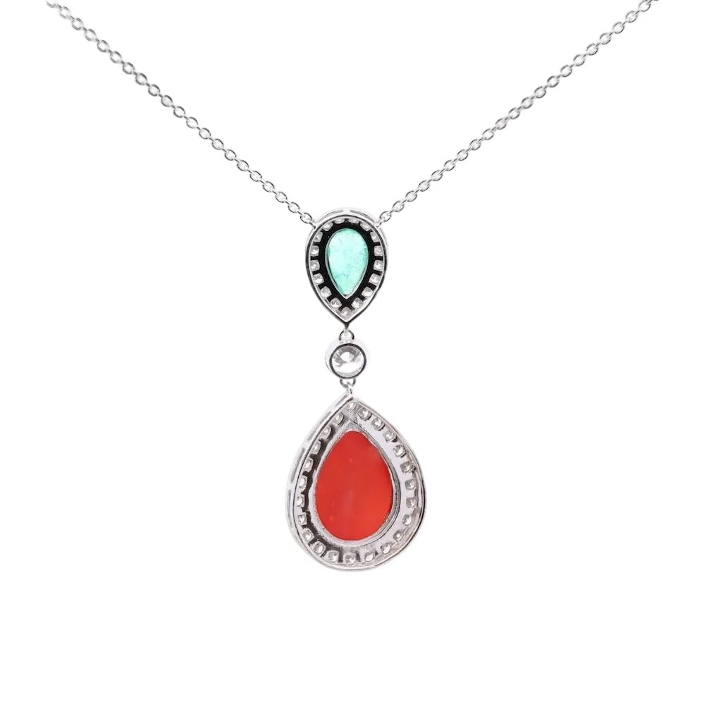 Collier Pendentif en platine, corail, émeraude et diamants - Castafiore