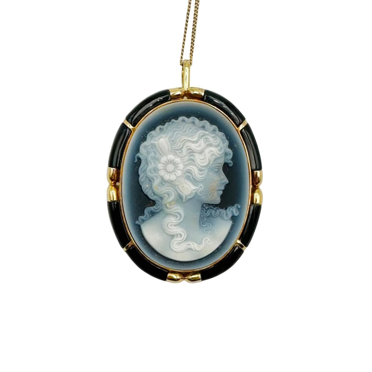Collier Pendentif/Broche camée en or jaune, agate et onyx - Castafiore