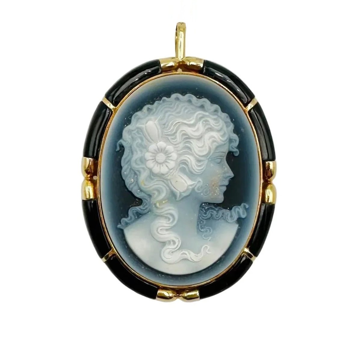 Collier Pendentif/Broche camée en or jaune, agate et onyx - Castafiore