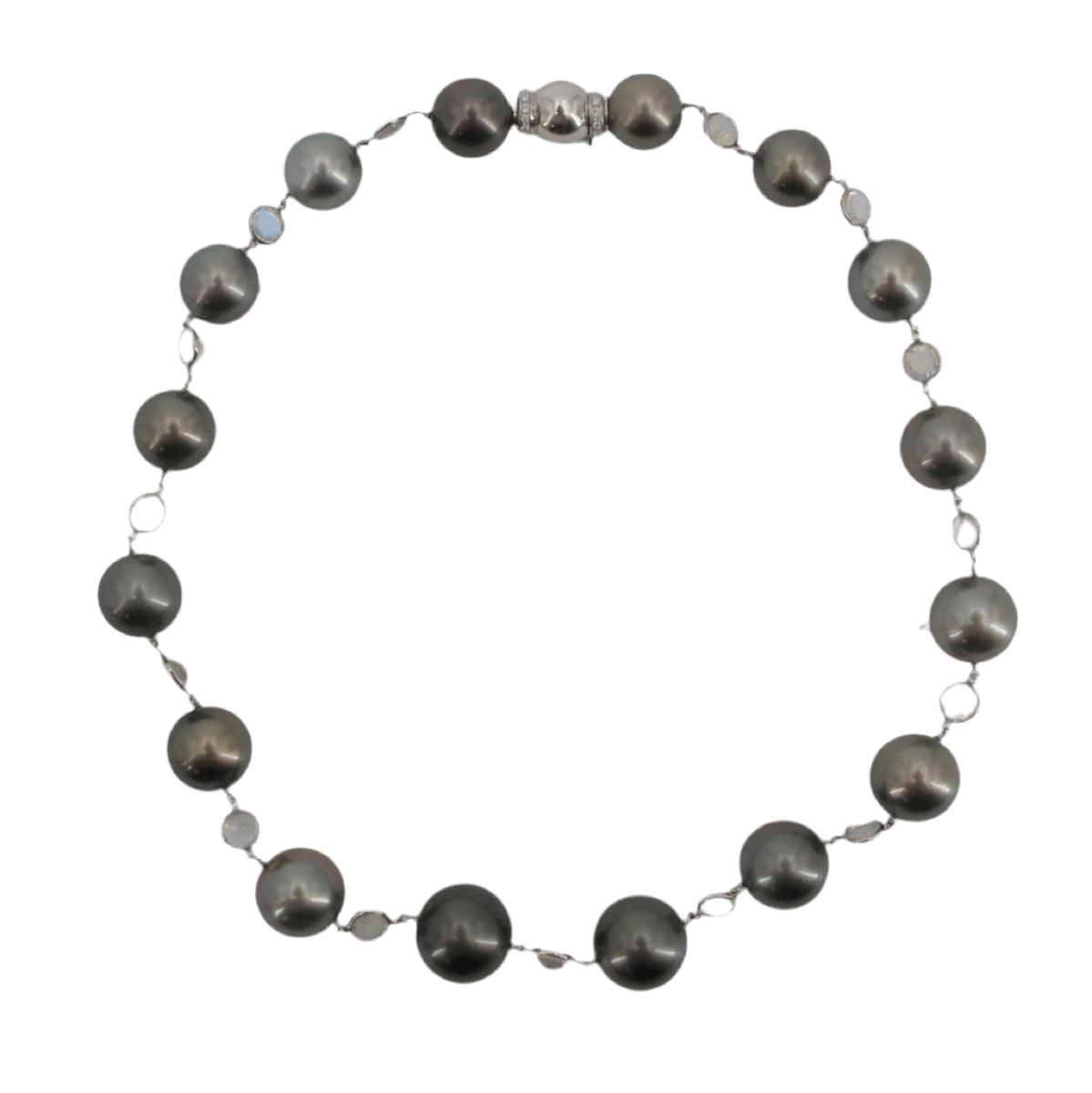 Collier Perles en or blanc, pierres de lune et diamants - Castafiore