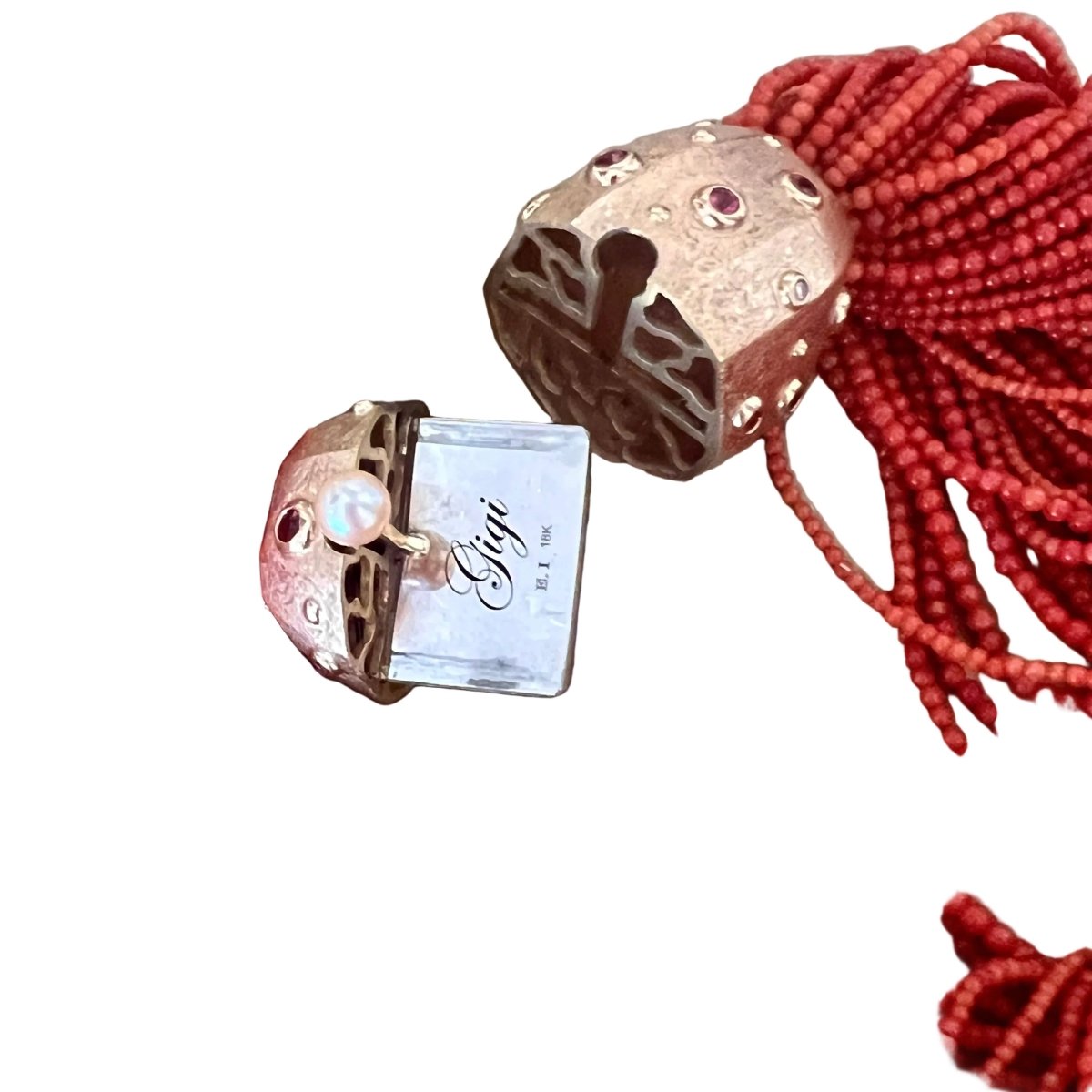 Collier Perles en or jaune, corail, topazes et diamants - Castafiore