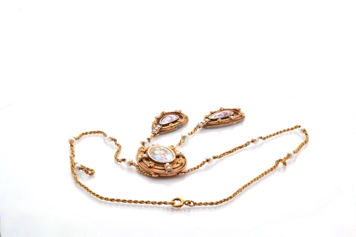 Collier perles fines et miniature en or - Castafiore