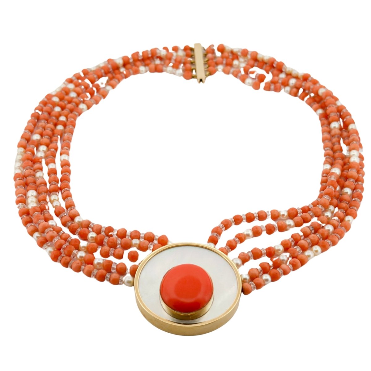 Collier Ras de cou en corail, perles, nacre et cristal de roche - Castafiore