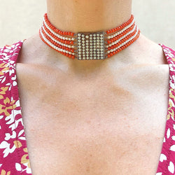 Collier ras de cou, en or blanc, corail et perles - Castafiore