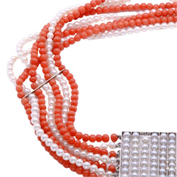 Collier ras de cou, en or blanc, corail et perles - Castafiore