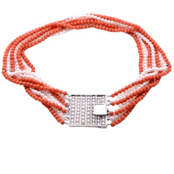 Collier ras de cou, en or blanc, corail et perles - Castafiore