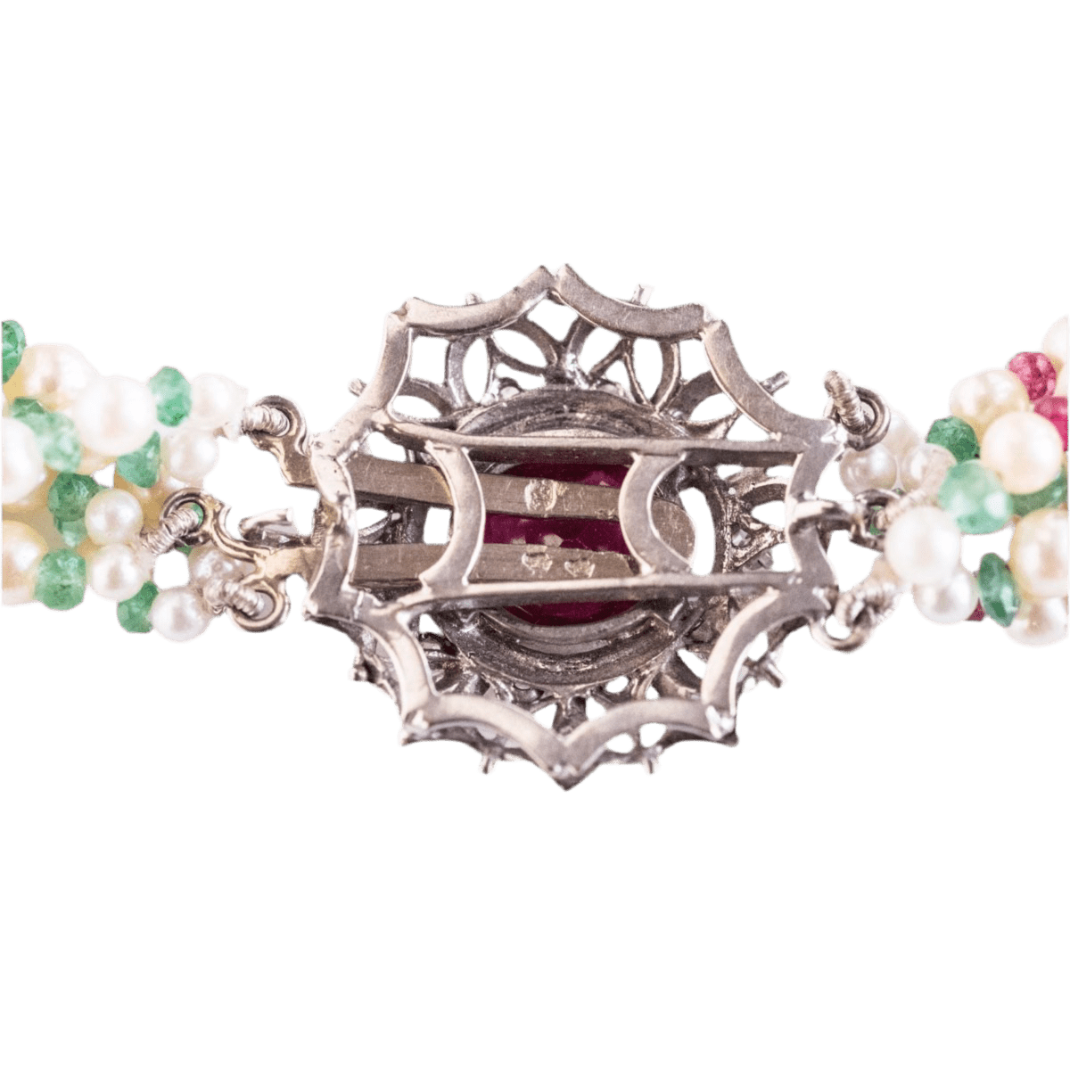 Collier Ras de Cou en or blanc, perles, rubis, saphirs, spinelles et diamants - Castafiore