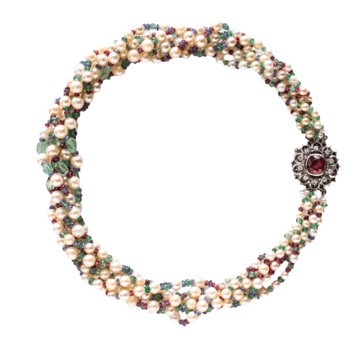 Collier Ras de Cou en or blanc, perles, rubis, saphirs, spinelles et diamants - Castafiore
