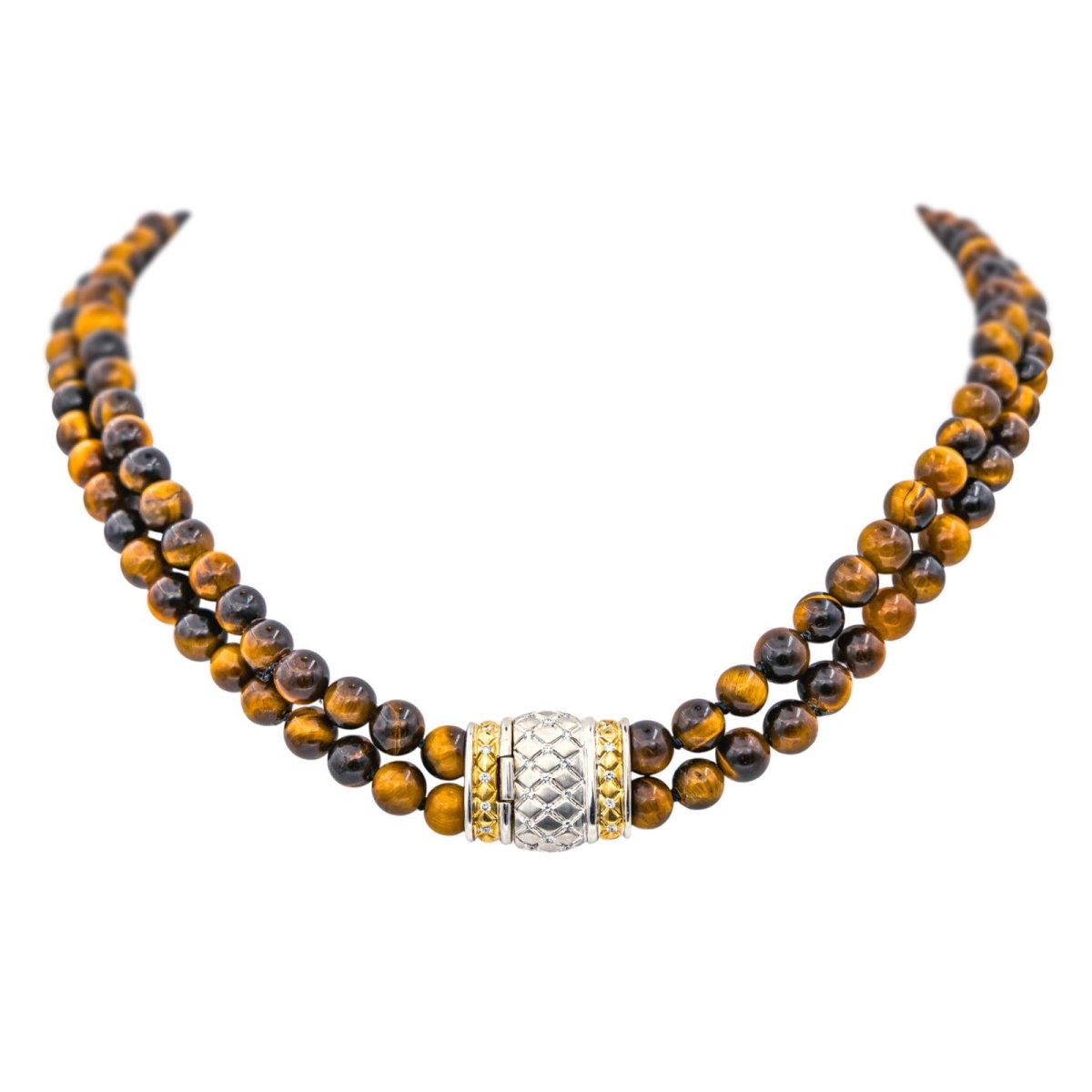 Collier Ras de Cou en or jaune, or blanc, oeil - de - tigre et diamants - Castafiore