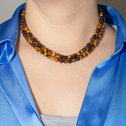 Collier Ras de Cou en or jaune, or blanc, oeil - de - tigre et diamants - Castafiore
