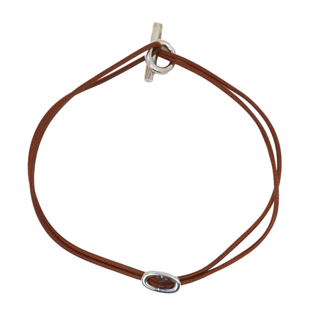 Collier Ras de Cou HERMÈS "Glenan" en argent et cuir marron - Castafiore
