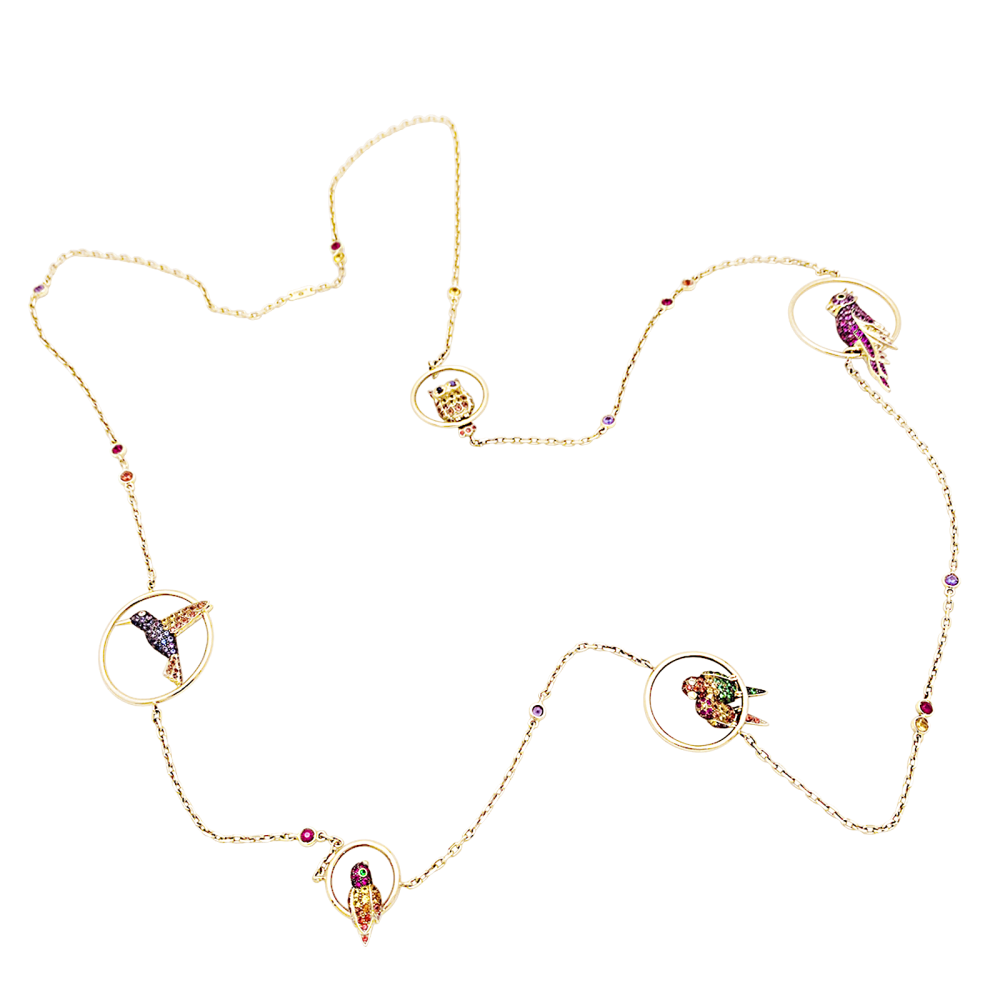 Collier Sautoir BOUCHERON "Nuri" en or rose, saphirs, tsavorites et diamants - Castafiore