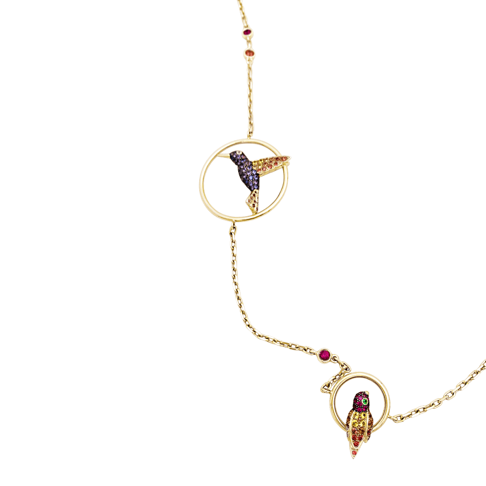 Collier Sautoir BOUCHERON "Nuri" en or rose, saphirs, tsavorites et diamants - Castafiore