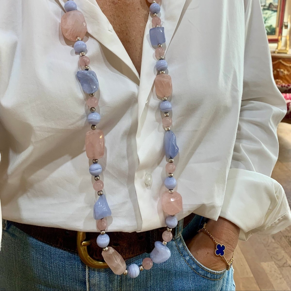 Collier Sautoir en argent, quartz et calcédoine - Castafiore