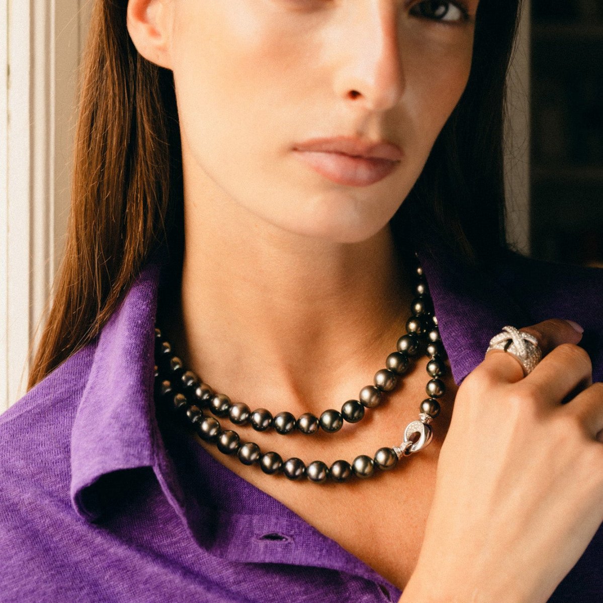 Collier Sautoir en or blanc, perles et diamants - Castafiore